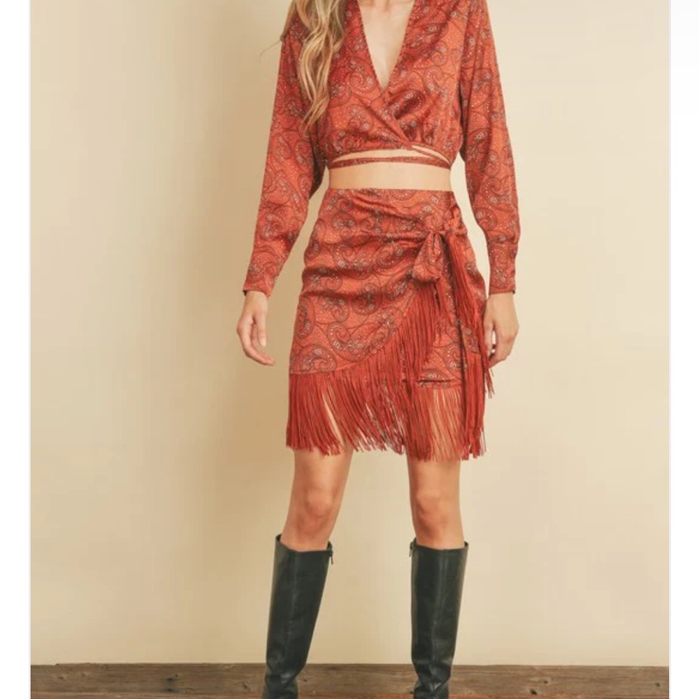 Mabel Paisley Wrap Crop Top And Fringe Mini Skirt